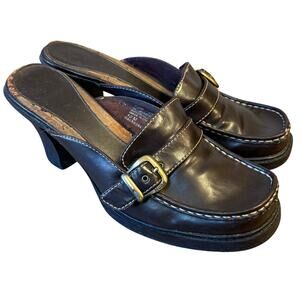 VTG Mudd Toni Platform Mules Chunky Heel Buckle Faux Leather 90s Y2K Brown Sz 10